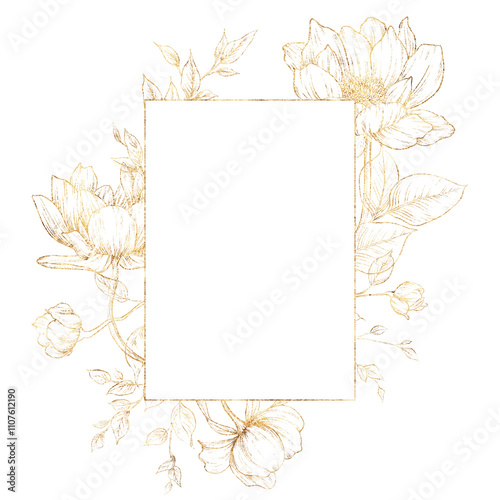 Golden flowers, line art, Greeting card with flowers, Floral frame, can be used as invitation card for wedding, birthday and other holiday and summer background