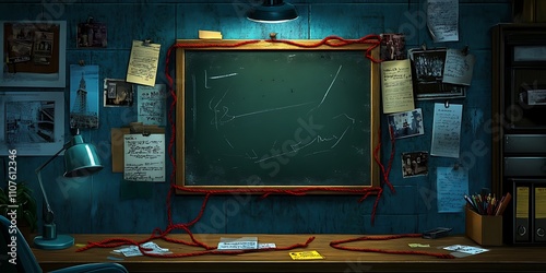 Detective's dimly lit office with a chalkboard, string, and clues.