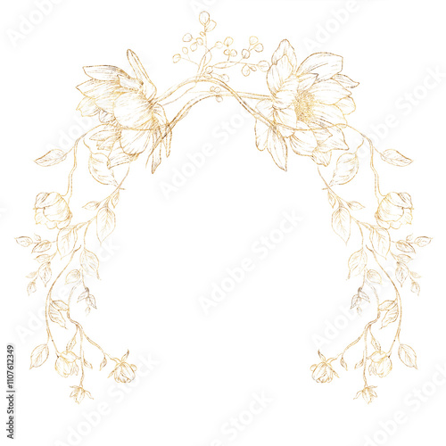 Golden flowers, Floral wreath, Greeting card with flowers, Floral frame, can be used as invitation card for wedding, birthday and other holiday and summer background photo