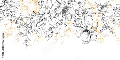 Monochrome flowers, line art, Floral border, Greeting card with flowers, can be used as invitation card for wedding, birthday and other holiday and summer background