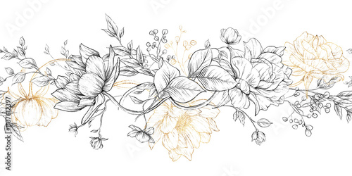 Monochrome flowers, line art, Floral border, Greeting card with flowers, can be used as invitation card for wedding, birthday and other holiday and summer background