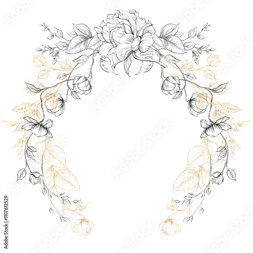 Monochrome flowers, Floral wreath, Greeting card with flowers, Floral frame, can be used as invitation card for wedding, birthday and other holiday and summer background