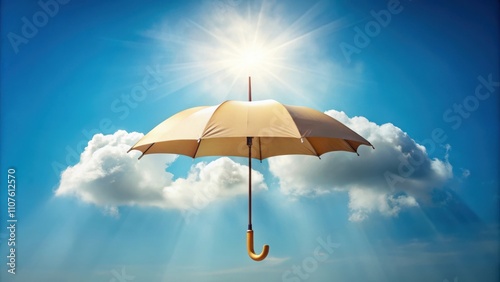 A golden umbrella suspended in the air against a backdrop of bright blue sky and fluffy white clouds, rays of sunshine beaming through the umbrella, creating a hopeful and optimistic image. photo