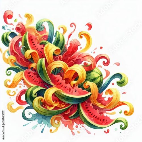 Watercolor A cascade of watermelon peels painted with soft flowi photo