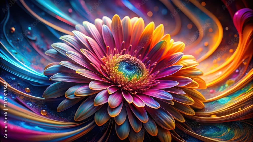 Obraz premium A Vibrant Daisy Blooms in a Whirlwind of Color, a Symphony of Hues and Shapes Intertwined