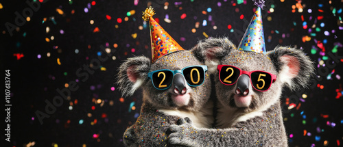 Happy New Year 2025, new Year's Eve Silvester Party celebration funny animal, greeting card with text - two cute koala bears with party hat, sunglasses and confetti, isolated on black background photo