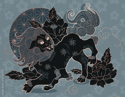 Karajishi aka Foo Dog Tattoo, japanese mythological illustration, tattoo design, fantasy, japanese mythology