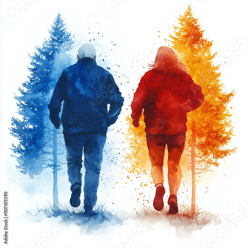 Silhouettes of Runners in Vibrant Watercolor with Trees photo