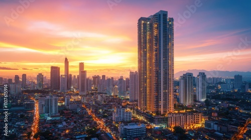 A vibrant city skyline at sunset, showcasing modern architecture and urban life.