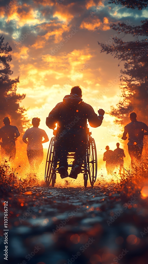 Obraz premium Athlete in wheelchair surrounded by other runners at dusk. This image is perfect for promoting equality and inclusion in sport, inspiring, encouraging and promoting social cohesion.