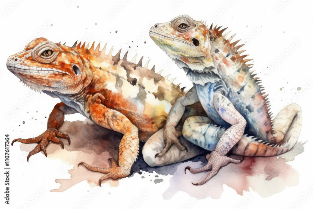 Naklejka premium Watercolor image of two iguanas on a white background.