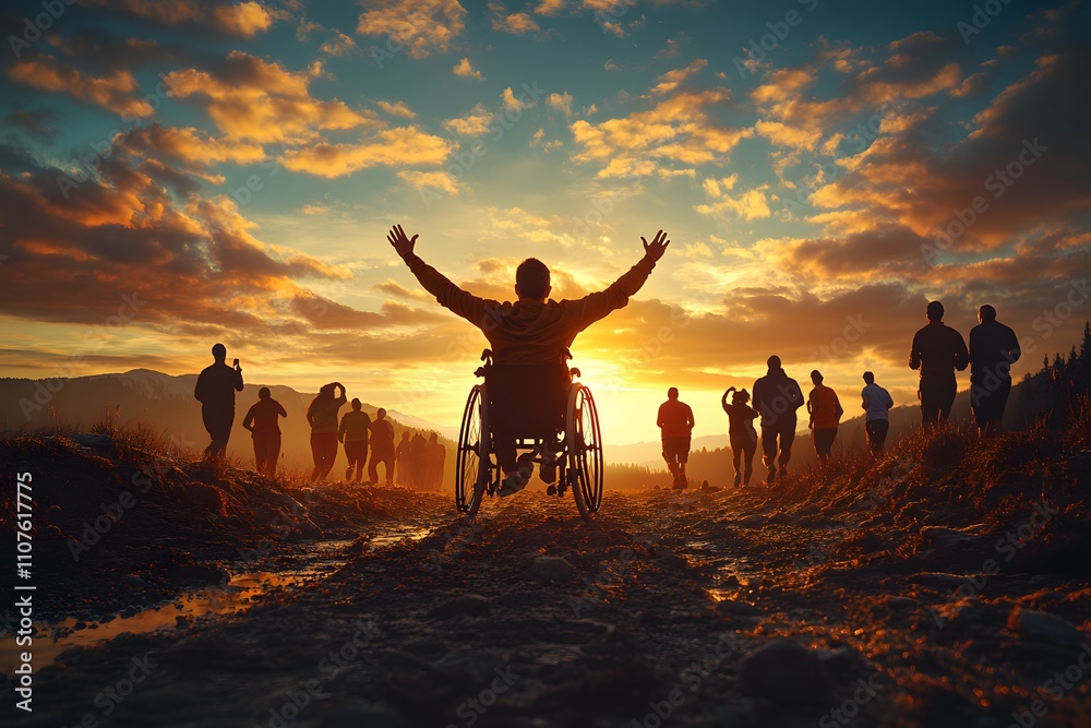 Fototapeta premium Athlete in wheelchair surrounded by other runners at dusk. This image is perfect for promoting equality and inclusion in sport, inspiring, encouraging and promoting social cohesion.