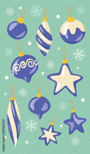 flat vector set of blue Christmas tree decorations on blue background with snowflakes