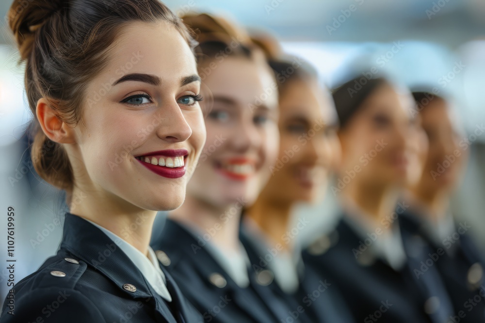 Fototapeta premium High Angle Shot of a Group of Stewardesses Smiling in a Professional Setting, Capturing Diversity and Team Spirit in Air Travel Service