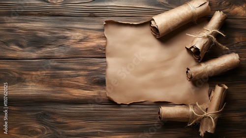 A collection of rolled scrolls tied with twine, resting on a wooden surface next to a large piece of parchment, suggesting a rustic and historical setting. photo