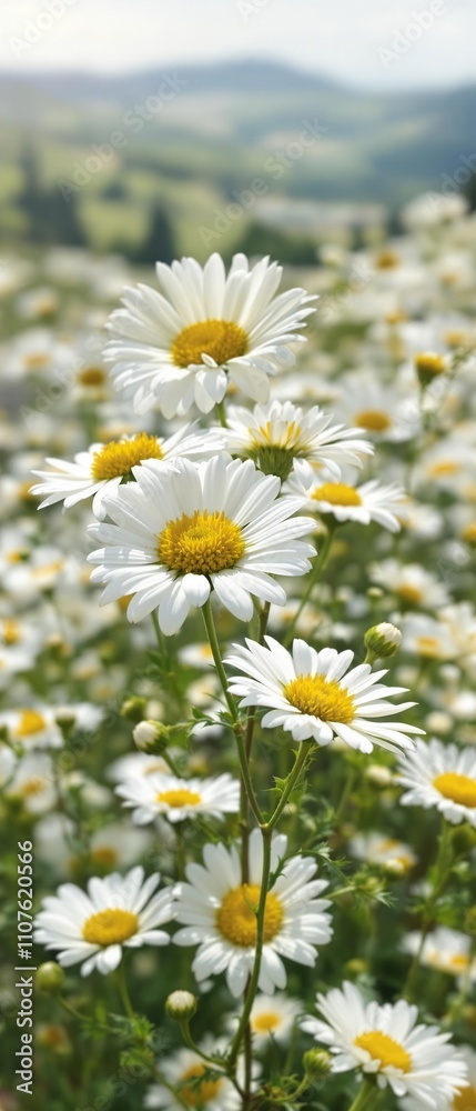 Fototapeta premium Beautiful white daisy flowers in focus against blurry landscape, outdoor, blossoming, garden, environment, close-up