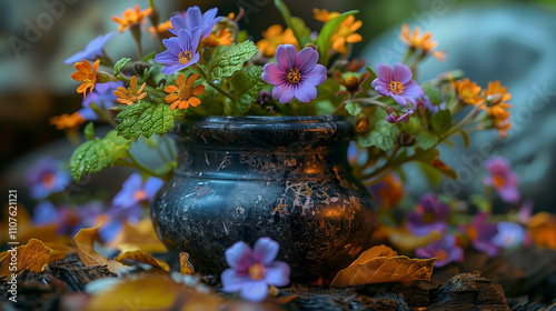 wildflowers in a marble vase on the table.