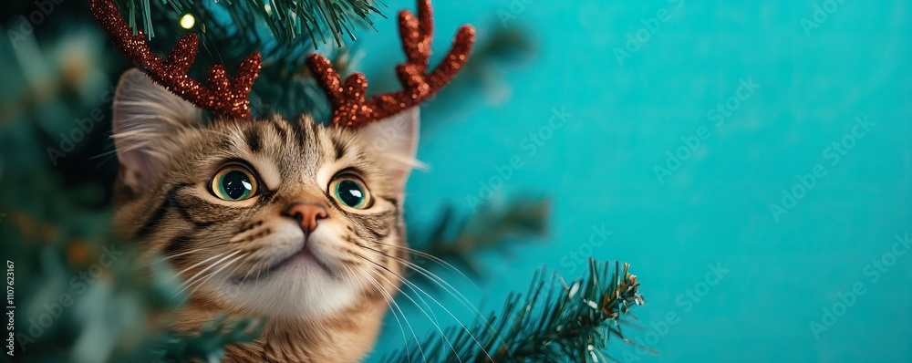 Obraz premium A festive cat with reindeer antlers peeks out from a Christmas tree, capturing the holiday spirit in a playful, charming way.