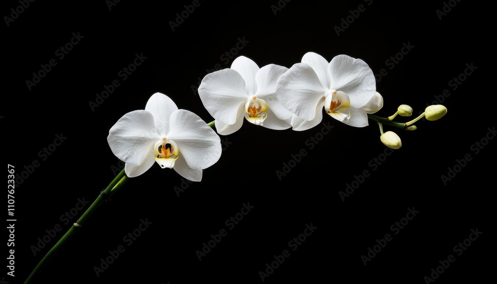 Obraz premium A stunning display of delicate white orchids, showcasing their intricate petals and vibrant details against a deep black background, symbolizing beauty and elegance in nature.