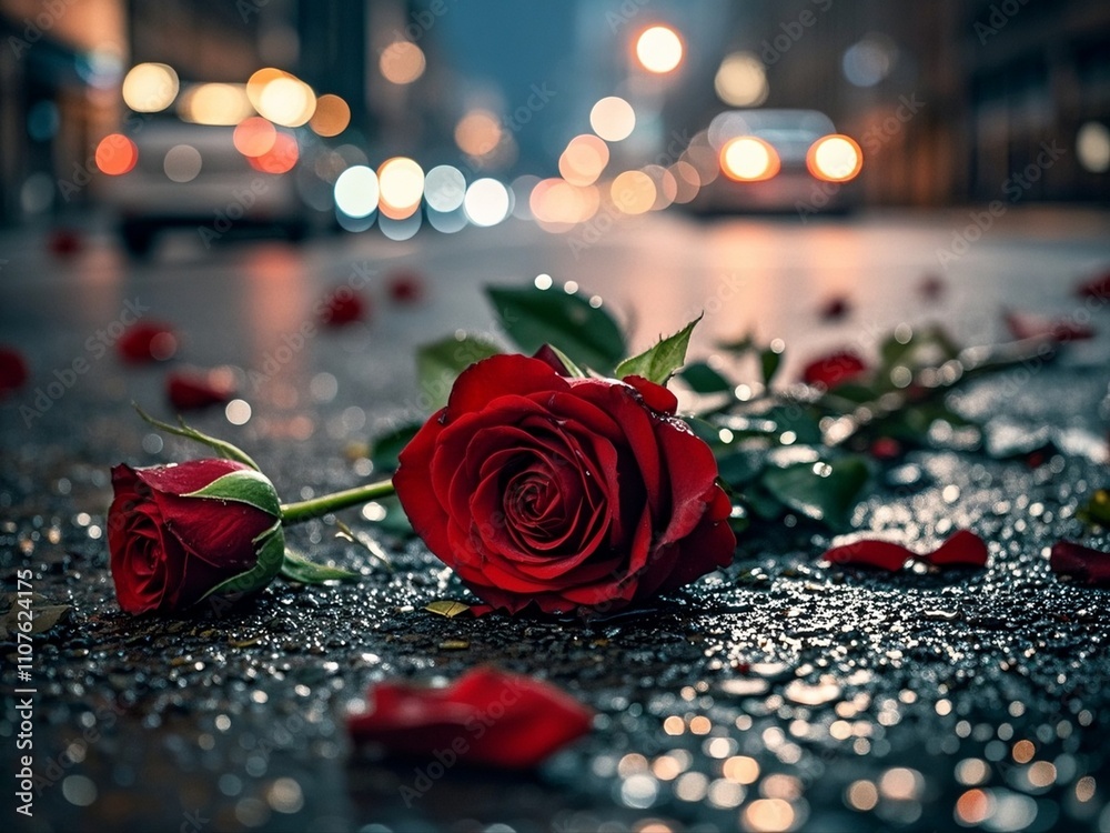 closeup of discarded red roses on wet asphalt road with colorful unfocused lights on a background, night view