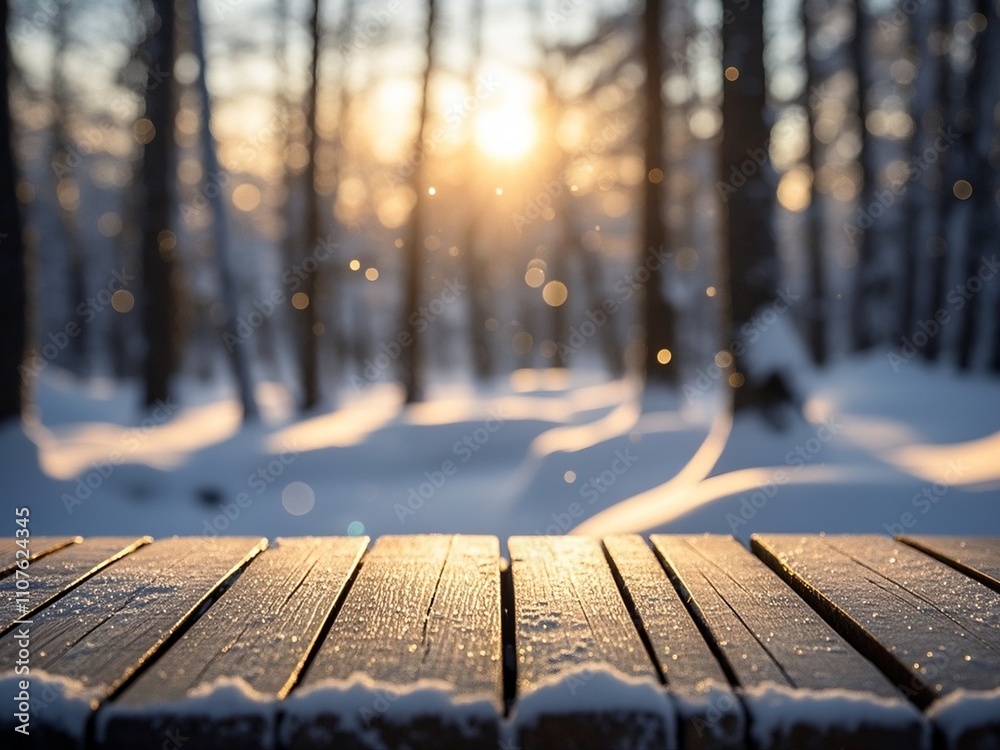 Wooden table top with winter blurred background. Light glare on the background, the rays of the sun in the winter forest.