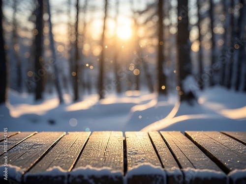Obraz na płótnie Wooden table top with winter blurred background. Light glare on the background, the rays of the sun in the winter forest. w salonie