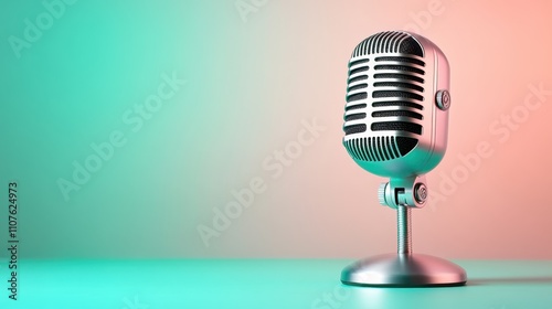 A classic vintage microphone is showcased on a striking turquoise-to-pink gradient background, blending retro flair with modern appeal in a stylish presentation. photo