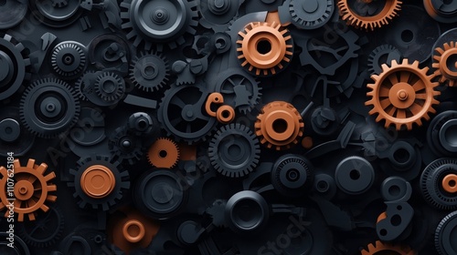 Wallpaper Mural Complex arrangement of black and orange gears and cogs in a mechanical pattern, showcasing interconnected machinery parts. Torontodigital.ca