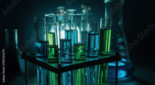 Test Tubes in Rack with Colorful Liquids – Laboratory Setting photo