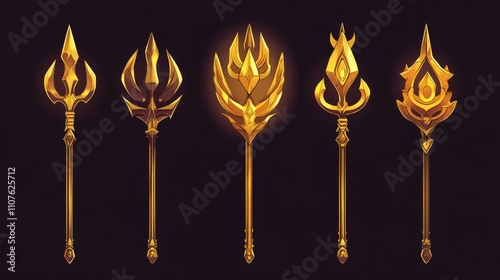 The golden trident belonging to Poseidon, the deity of the sea, was used to craft UI rank graphics for video games. A collection of cartoon modern illustrations features fantasy metallic spears and photo