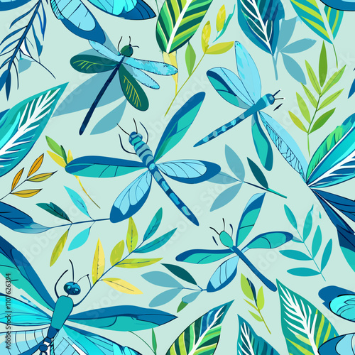 Seamless Vector Pattern with Watercolor Dragonflies and Leaves. Perfect for: Garden parties, spring festivals, nature retreats