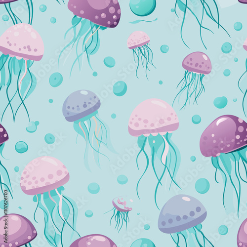 Seamless Vector Design of Watercolor Jellyfish in a Soft Ocean Scene. Perfect for: Aquatic-themed parties, marine conservation events