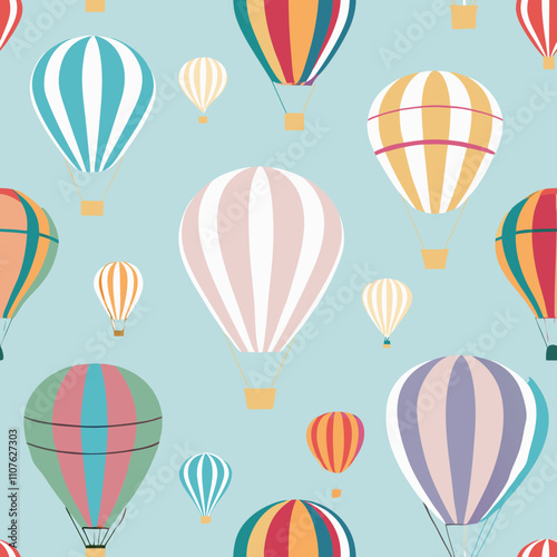 Seamless Vector Design of Pastel Hot Air Balloons in a Blue Sky. Perfect for: Travel-themed events, children’s parties, dreamy decor