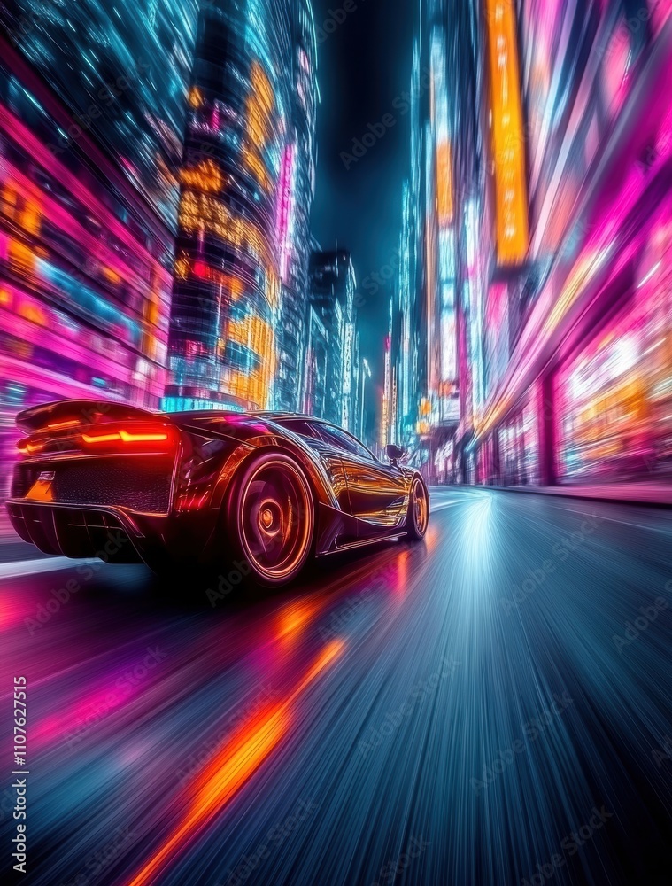 Fototapeta premium Experience the thrill of speed with a sleek, illuminated car racing through a vibrant, neon-lit cityscape. This image captures the essence of nightlife and urban energy.