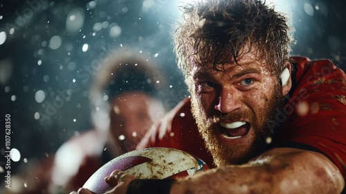 A rugby player in red, fully absorbed and intensely gripping the rugby ball, displays strength and focus amidst a high-impact sports action scene with dirt flying. photo