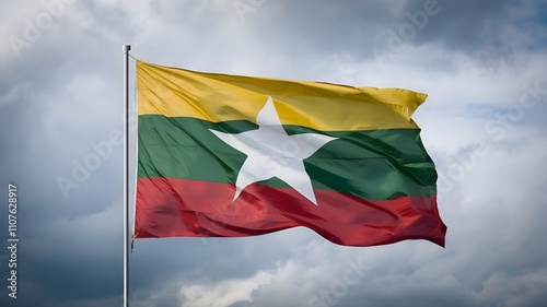 Myanmar Flag Waving in the Clear Blue Sky – A Symbol of Freedom and Pride for Myanmar Independence Day Celebrations. photo