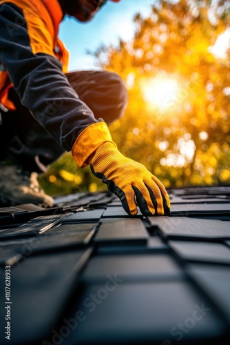 A worker in gloves carefully lays roof tiles under a warm sun, showcasing craftsmanship and dedication in roofing. The vibrant backdrop highlights the beauty of outdoor work.