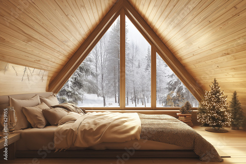 A bed in the center of an A-frame cabin, bedroom interior design, wood walls and floor, large window with a forest view, minimalist style, wooden slats on the wall photo