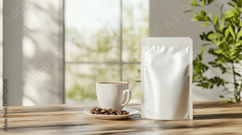 A warm cup of coffee rests on a saucer filled with coffee beans beside a shiny silver pouch, set against a bright window view with a lively plant nearby. photo