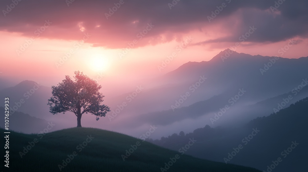 Fototapeta premium Serene mountain sunrise, Lonely tree on hill at dawn, Soft misty landscape, Ambient pastel tones