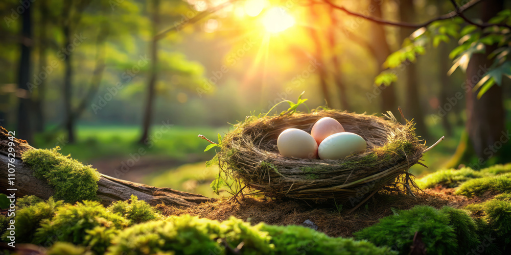 rustic wooden nest cradling delicate pastel eggs sits on mossy log in sunlit forest, creating serene and natural scene