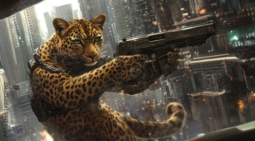 A digitally created jaguar wielding a firearm in a futuristic cityscape. photo