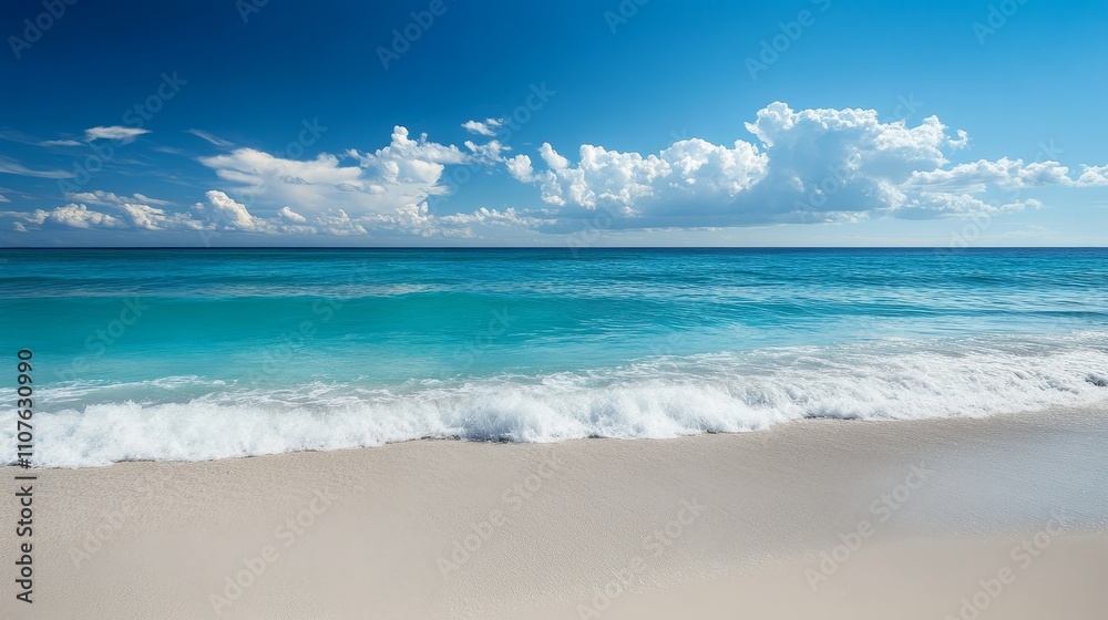 Fototapeta premium Beautiful ocean waves, serene beach, blue cloudy sky, tranquil sea, calm summer day, tropical paradise