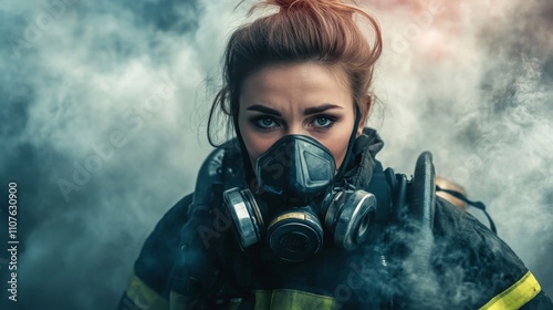 A determined woman firefighter, equipped with a mask and helmet, stands resolutely amid swirling smoke. Her focus and strength highlight her commitment to battling fire in a high-stakes situation. photo