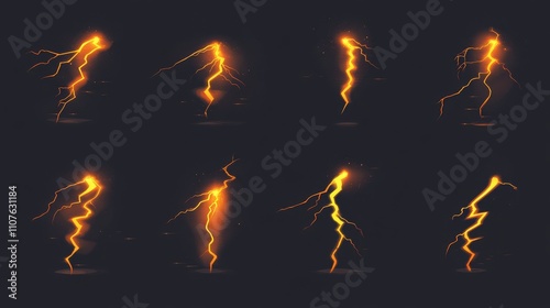 During a night storm, a set of yellow lightning and electric thunderbolts strike, featuring powerful electrical discharges, impacts, cracks, and magical energy flashes. These realistic modern 3D photo