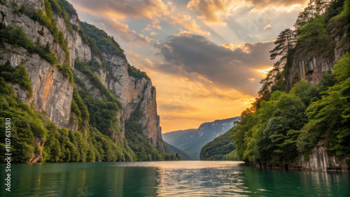 Towering cliffs cloaked in lush greenery plunge dramatically into serene waters under vibrant sunset sky, creating breathtaking natural landscape