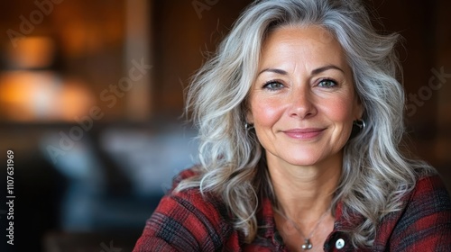 A gray-haired woman dressed in plaid exudes a sense of warmth and friendliness, situated in a soft light ambiance that enhances her inviting presence and charm. photo