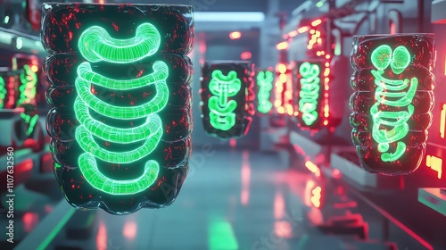 A futuristic healthcare facility filled with floating holographic digestive systems that emit bright green and red light waves, symbolizing the symptoms of colon issues and foodborne illness. photo