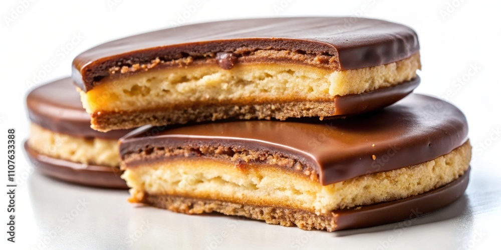 A close-up of a chocolate-covered dessert with a light-colored filling, revealing the layers and textures of this delightful treat. A close-up of a chocolate-covered dessert with a light-colored filling, revealing the layers and textures of this delightful treat.
