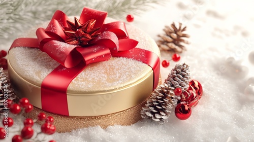 A Sparkling Christmas Gift, Wrapped in Gold and Red, Ready to Bring Joy During the Holiday Season photo